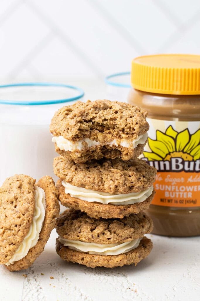 Oatmeal cream pies shown with a jar of SunButter.