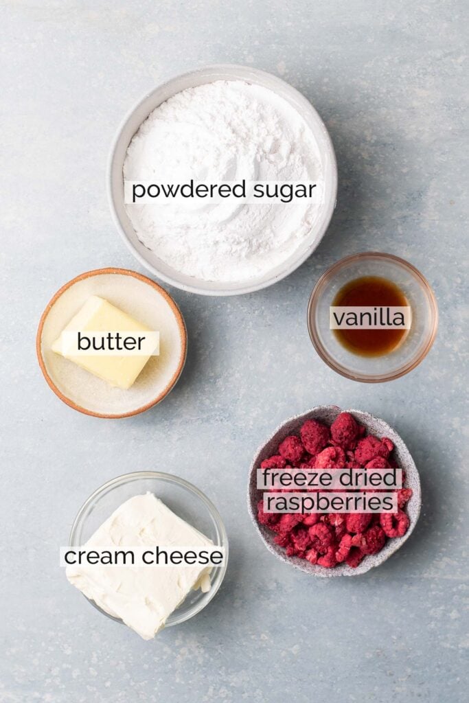 The ingredients needed to make a raspberry buttercream macaron filling.