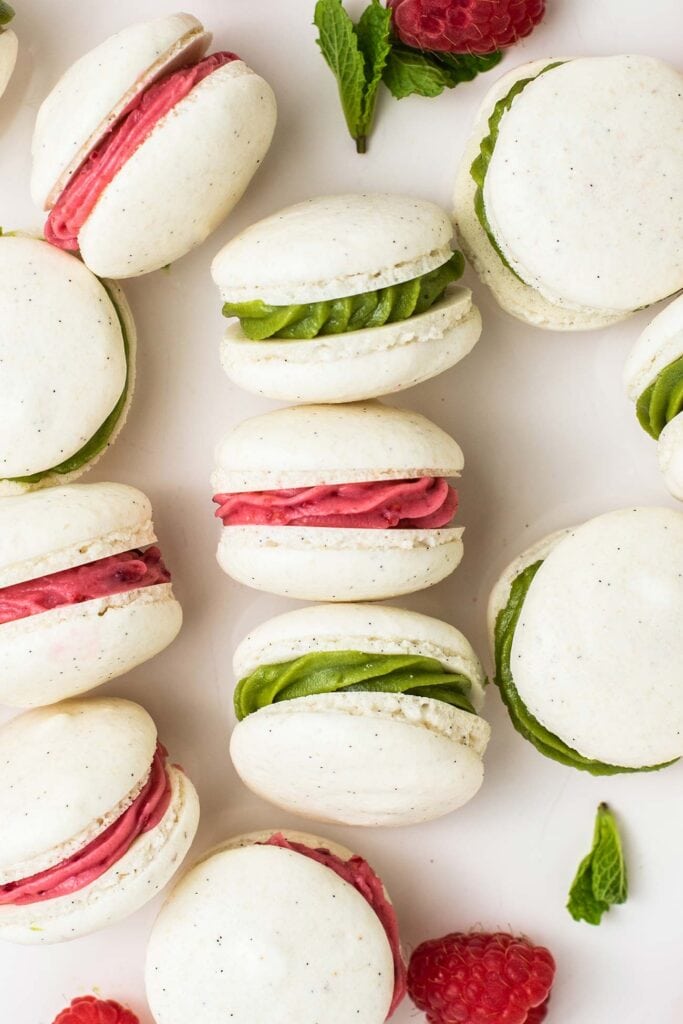 White vanilla bean speckled macarons filled with bright pink and green buttercream.
