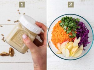 Shaking up the salad dressing Adding the colorful veggies to a salad bowl.