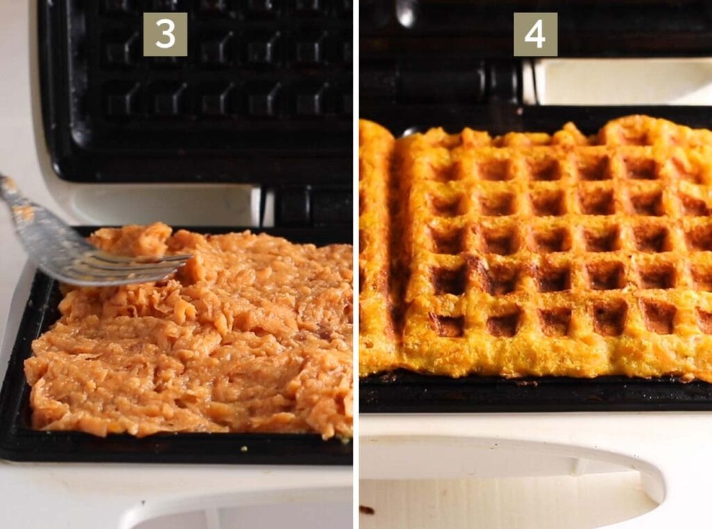 Step 3 shows adding the batter to a hot waffle iron, and step 4 shows cooking the waffles for 6-8 minutes.