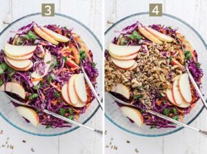 Tossing the purple cabbage with the dressing Adding the sunflower seeds and walnuts to the salad.