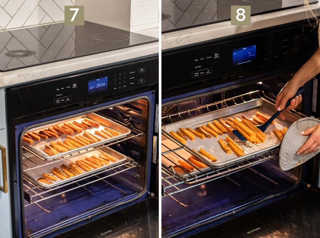 Sweet potato fries shown being baked with 2 trays in an oven.
