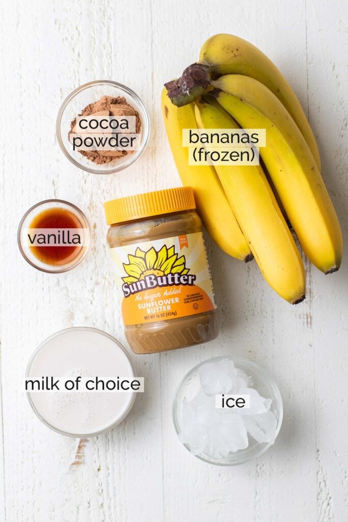 The ingredients needed to make a healthy chocolate smoothie.