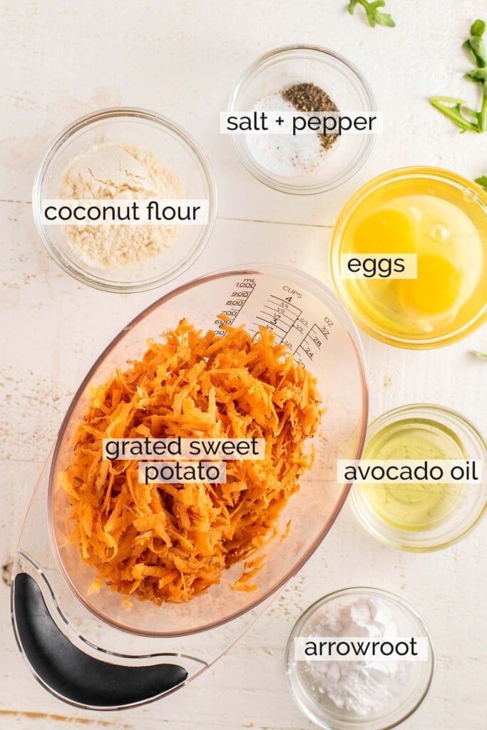 The ingredients needed to make sweet potato waffles.