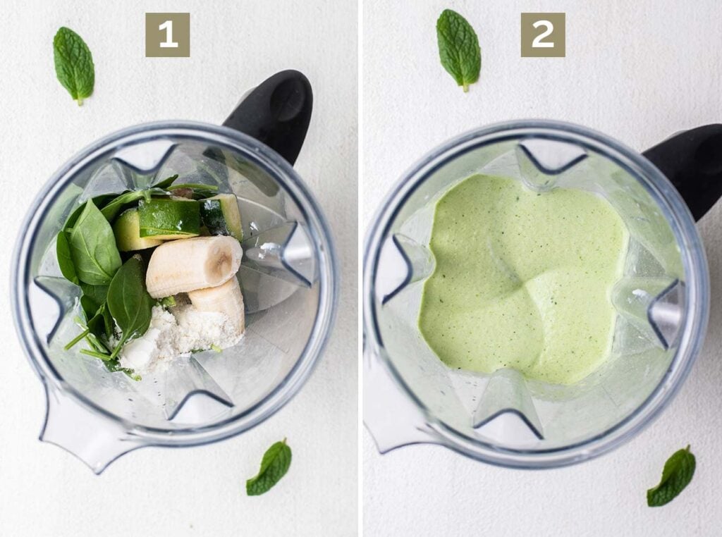 Step 1 shows the ingredients in a blender, and step 2 shows the smoothie blended with a thick consistency.