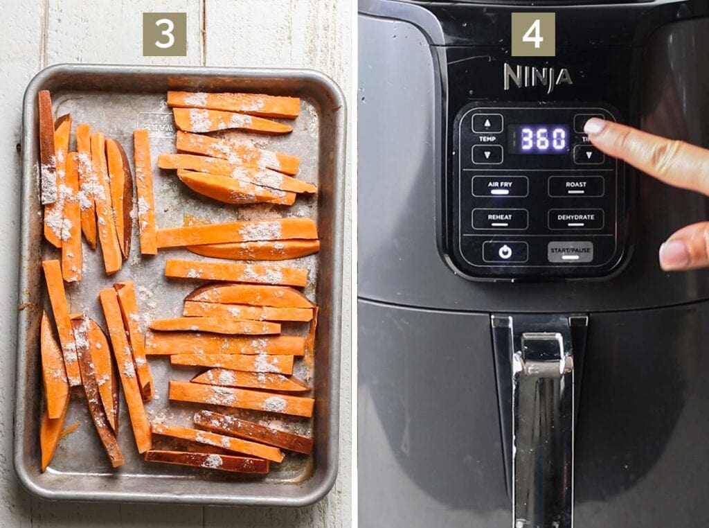 Step 3 shows coating the fries in seasoning, and step 4 shows preheating the air fryer to 360º F.