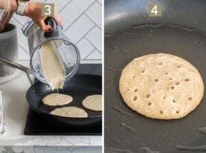 Pouring the batter onto a hot skillet Waiting for the pancakes to bubble to flip them over.