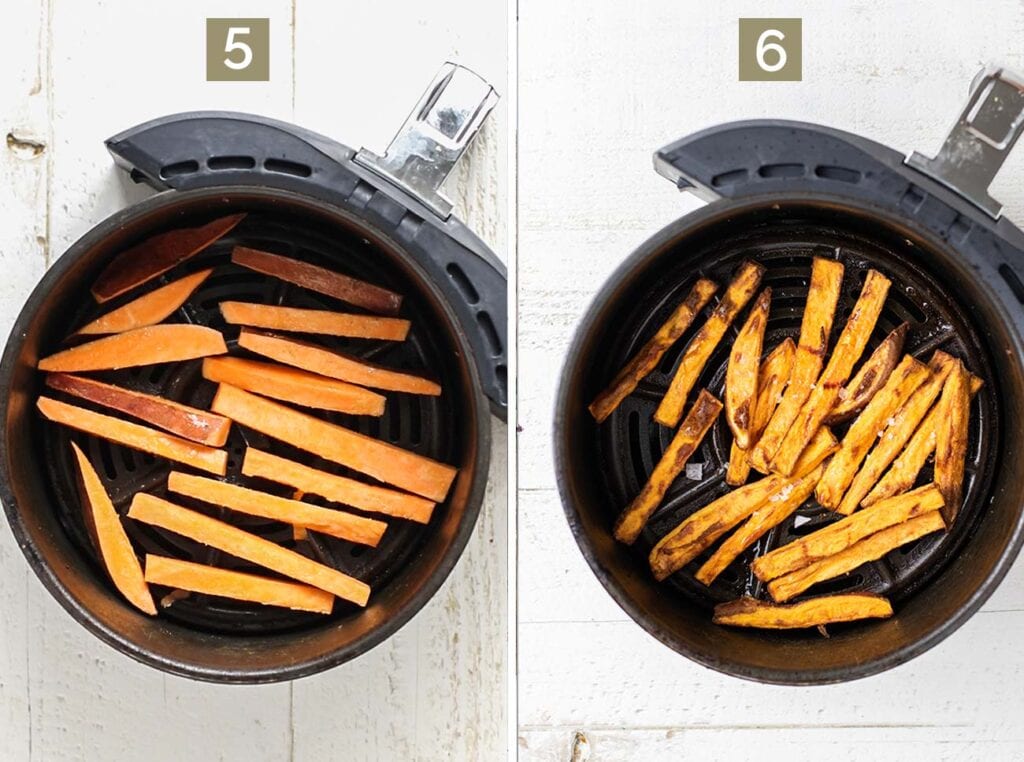 Step 5 shows to add sweet potato fries in a single layer, giving them space, before air frying them until crisp and browned.