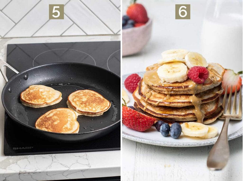 Step 5 shows the pancakes browned in a skillet, and step 6 shows topping the pancakes with berries, bananas, and sunflower seed butter.