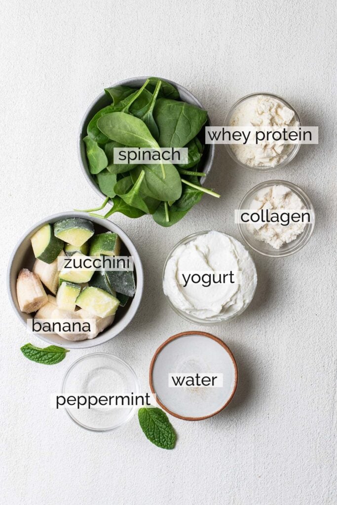 The ingredients needed to make this mint smoothie recipe.