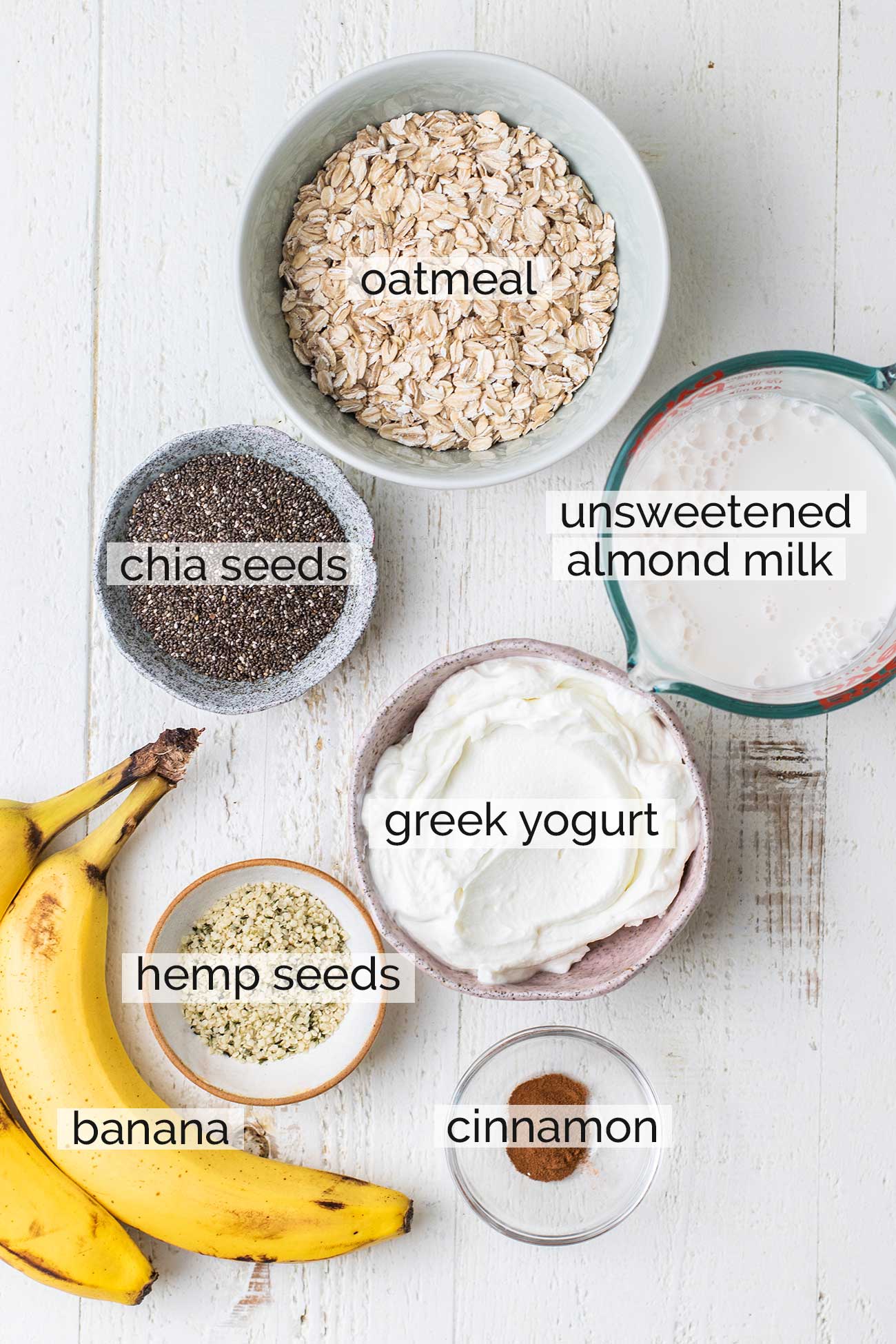 The ingredients needed to make a healthy overnight oats with greek yogurt.
