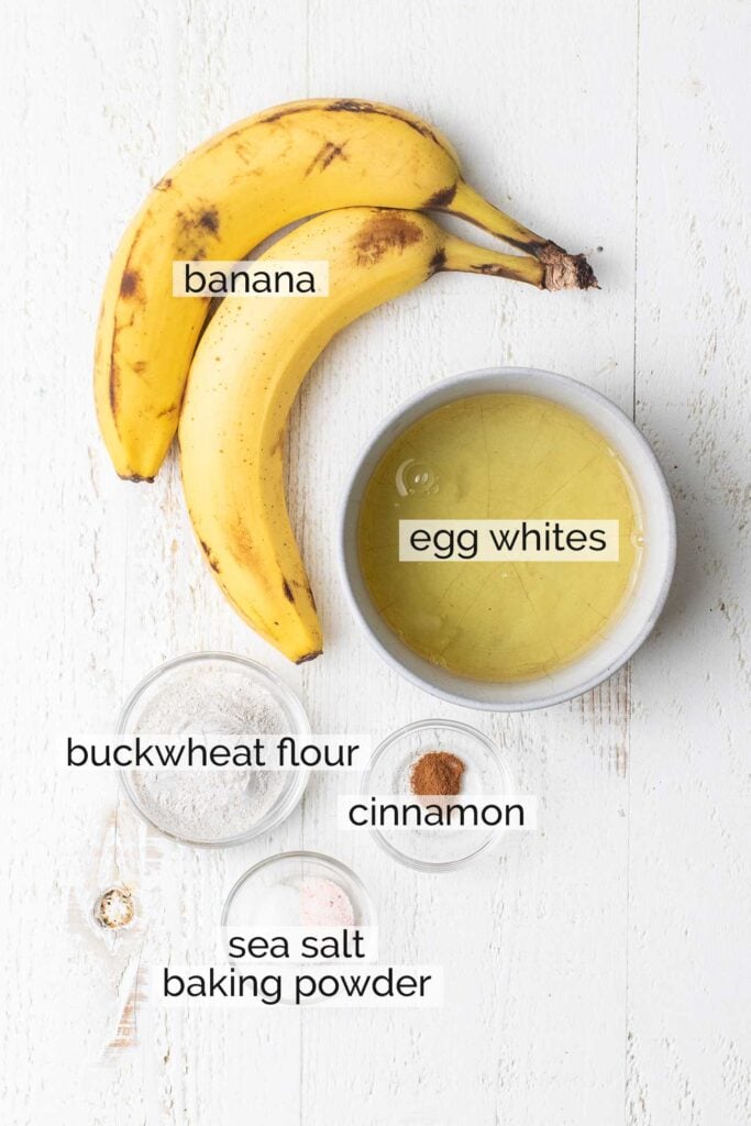 The ingredients needed for easy blender buckwheat pancakes.