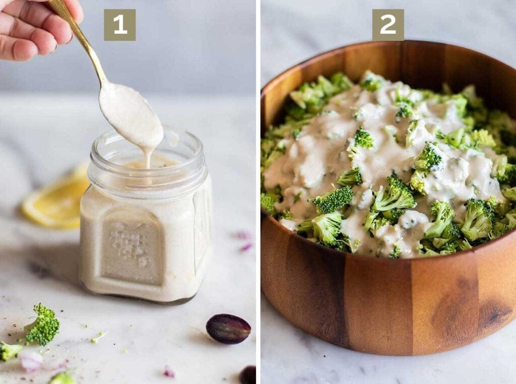 Step 1 shows mixing up a creamy lemon tahini dressing, and step 2 shows coating the broccoli in the dressing.