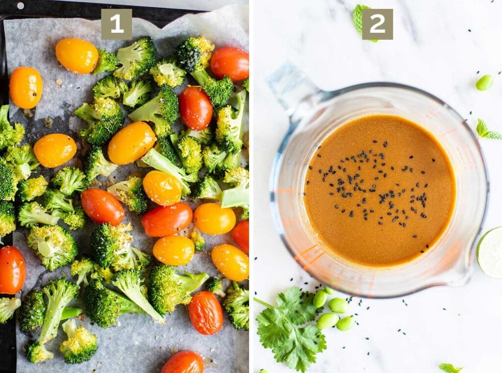 Step 1 shows roasting the broccoli, and step 2 shows whisking together the asian cabbage salad dressing.