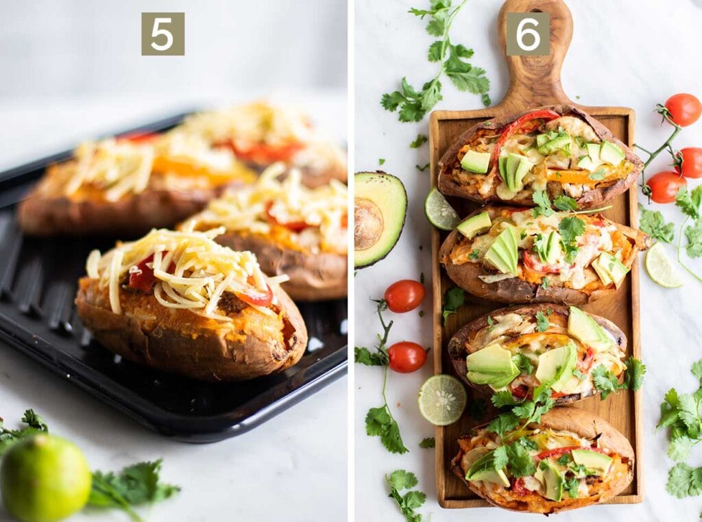 Showing how to stuff sweet potatoes with filling and top with cheese, then garnish twice baked sweet potatoes with cilantro and jalapeno.