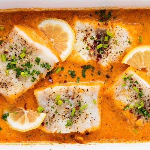 Baked Cod in Roasted Red Pepper Sauce - Sunkissed Kitchen