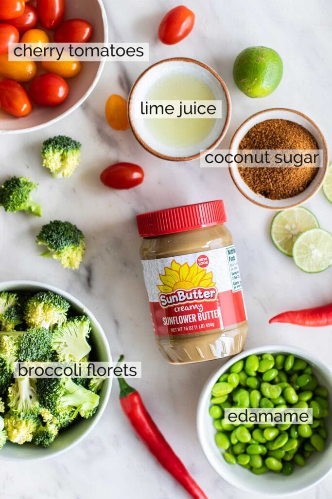 The ingredients needed to make a roasted broccoli cabbage salad.