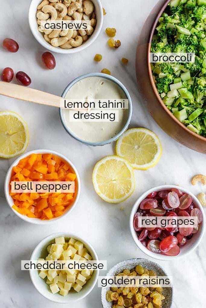 The ingredients needed to make a healthy broccoli salad with no mayonnaise.