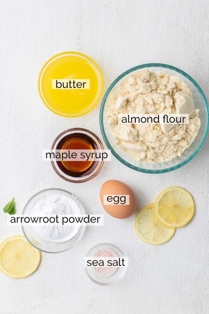 The ingredients needed to make an almond flour shortbread crust.
