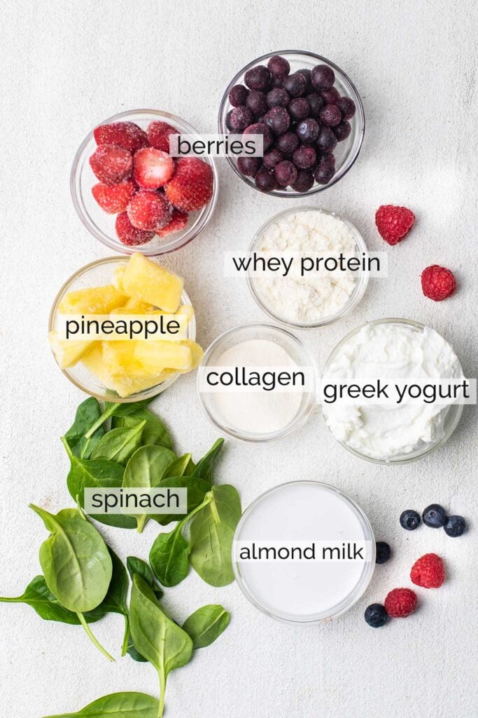 The ingredients needed to make a Greek yogurt smoothie.