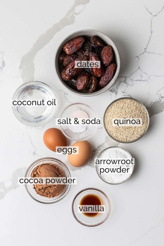 The ingredients needed to make a chocolate quinoa cake.
