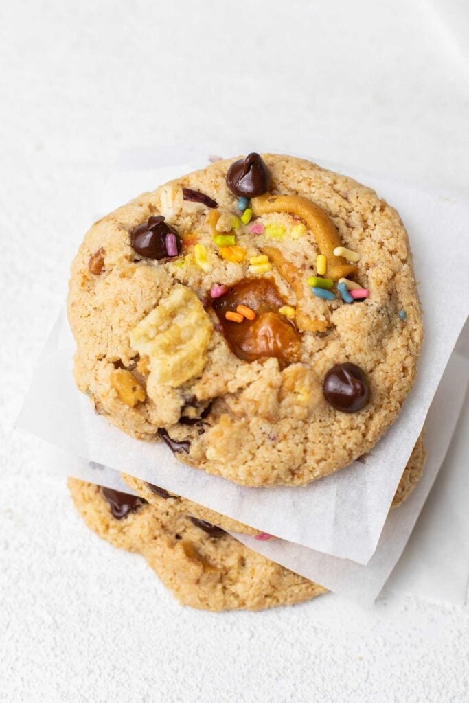 A stack of kitchen sink cookies showing all the additions.