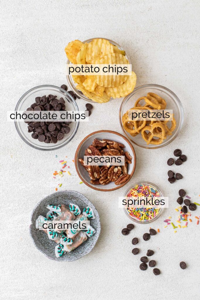 Optional mix ins to add to kitchen sink cookies, including potato chips, pretzels, chocolate chips, caramels, and sprinkles.