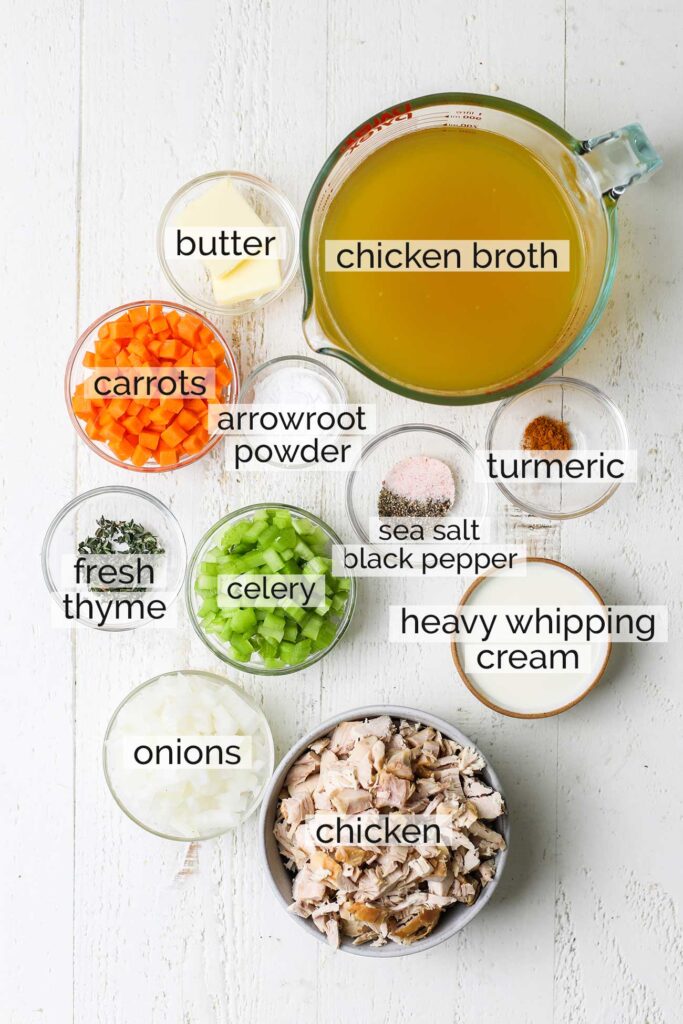 The ingredients needed to make a chicken pot pie filling.
