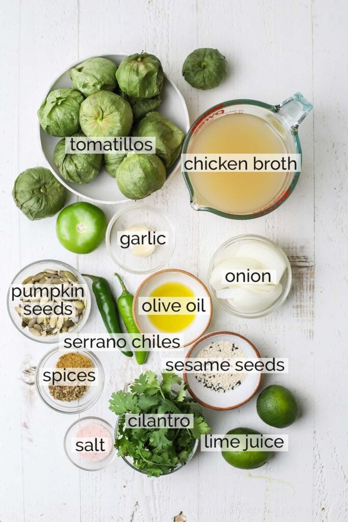 The ingredients needed to make Mexican green mole, known as pipian verde.
