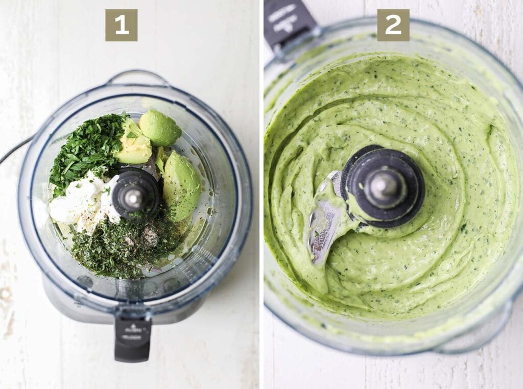 Step one shows adding the avocado and herbs to a food processor, and step 2 shows processing until a thick and creamy texture is reached.