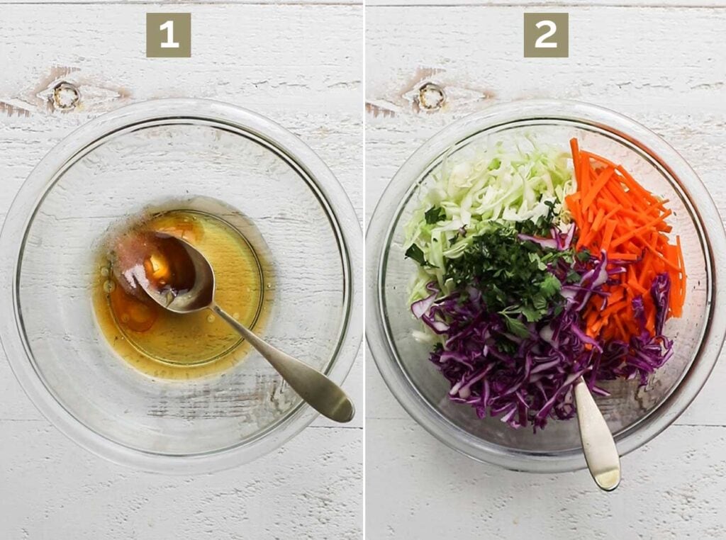 Step 1 shows whisking together the dressing ingredients, and step 2 shows adding the vegetables to make the slaw.