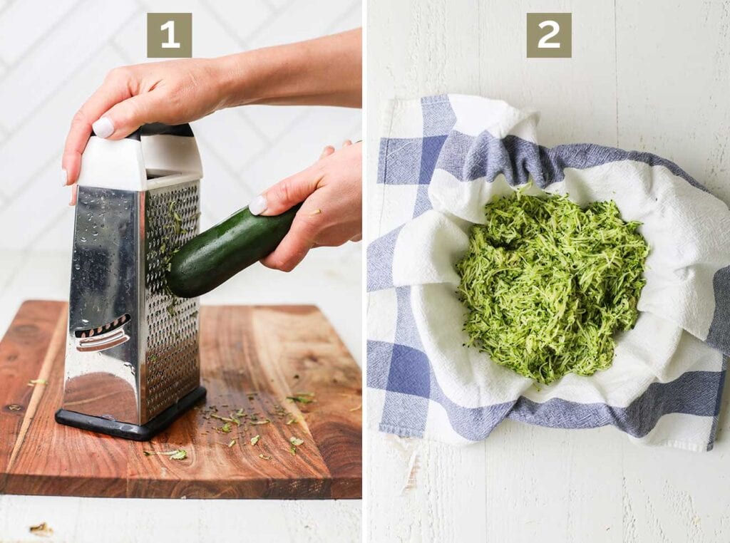 Step 1 shows shredding zucchini and step 2 shows adding the shredded zucchini to a bowl.