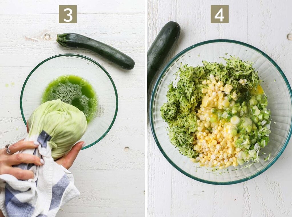 Step 3 shows draining the excess moisture off the zucchini, and step 4 shows adding the drained zucchini to a bowl with sweet corn and egg.