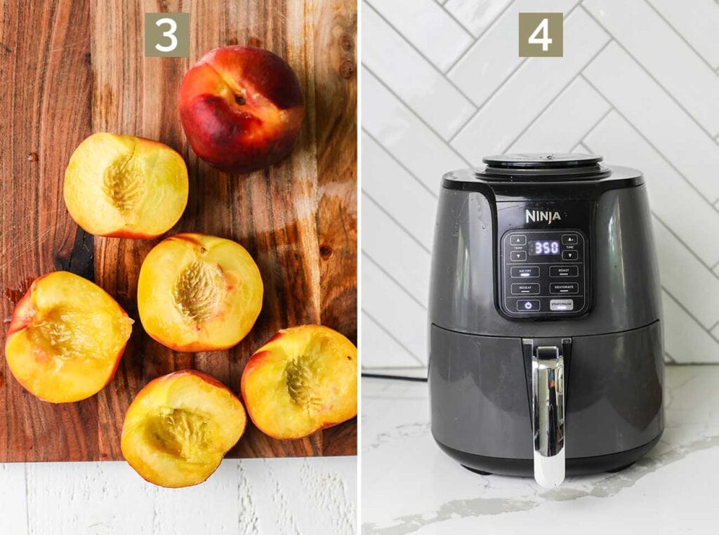 Step 3 shows cutting the peaches open and removing the pits, and step 4 shows preheating the air fryer.