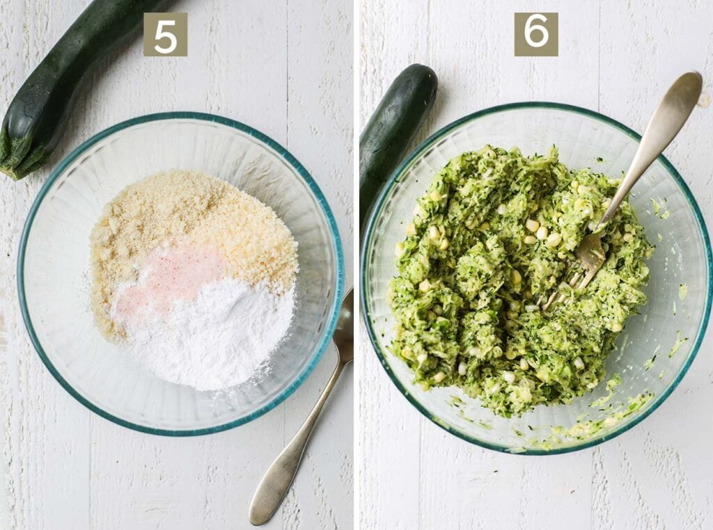 Step 5 shows adding the dry ingredients to a bowl, and step 6 shows mixing the dry ingredients into the zucchini to form a fritter batter.