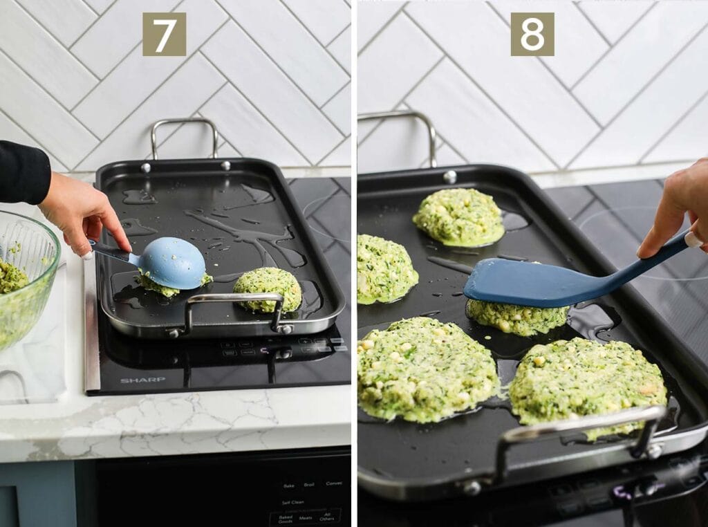 Step 7 shows scooping mounds of batter onto a hot skillet, and step 8 shows flattening the fritters with a spatula.