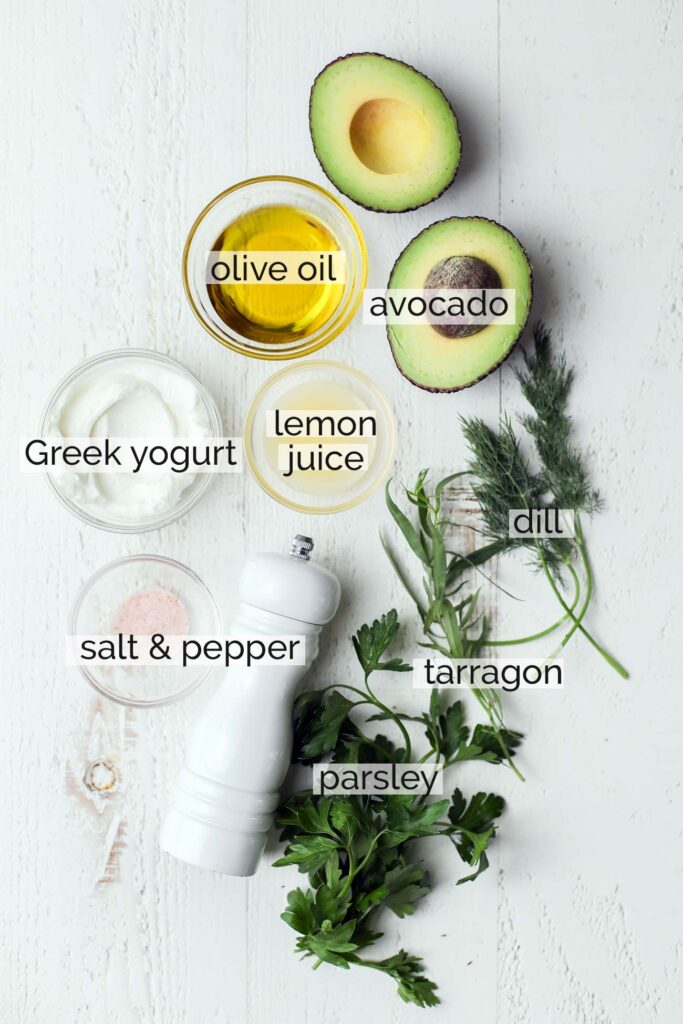 The ingredients needed for Green Goddess salad dressing shown with labels.