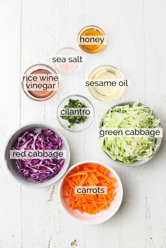 The ingredients needed to make a simple asian slaw.