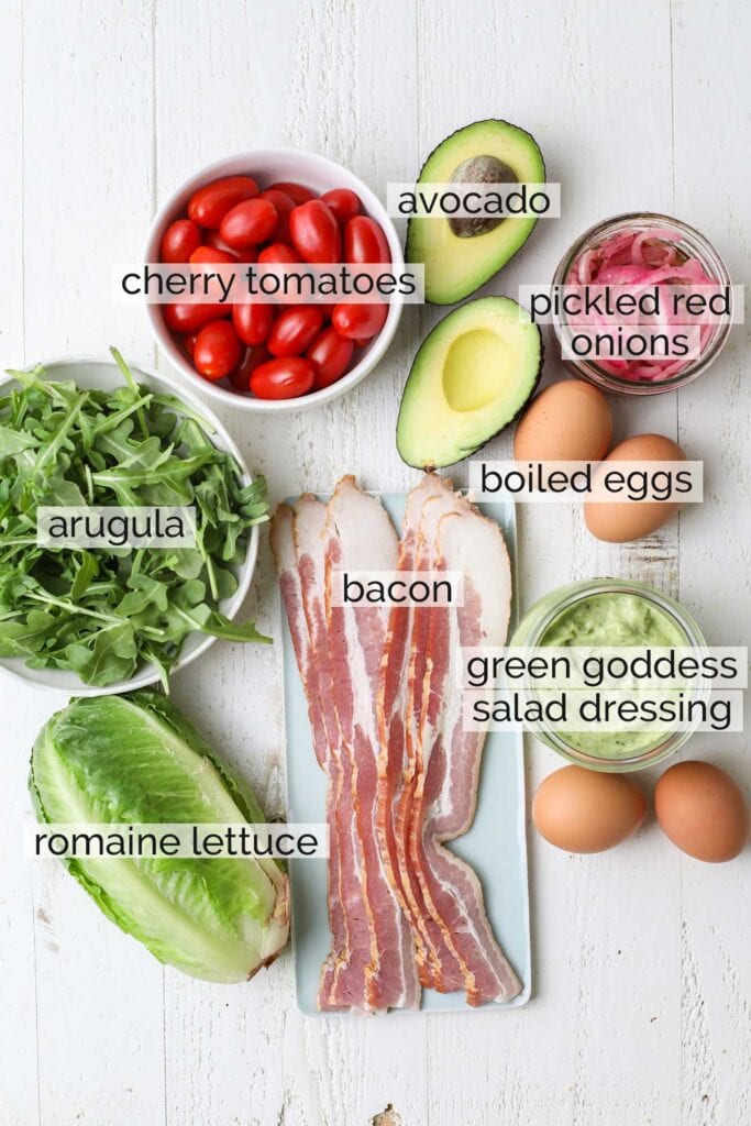 The ingredients needed to make Green Goddess Cobb Salads.