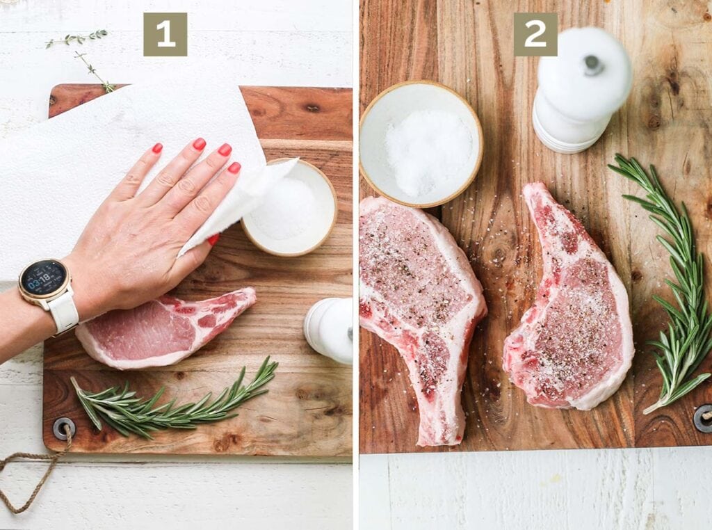 Step 1 shows dabbing the pork chops with paper towels, and step 2 shows seasoning the chops with kosher salt and black pepper.