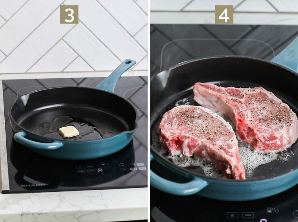 Step 3 shows heating oil and butter in a cast iron skillet, and step 4 shows searing the chops over medium high heat.