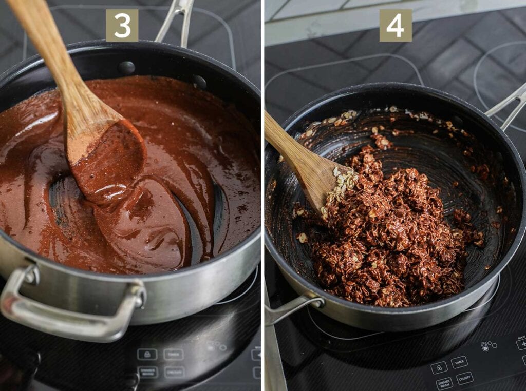 Step 3 shows stirring in the cacao powder, and step 4 shows adding the oatmeal and optional mix-ins.