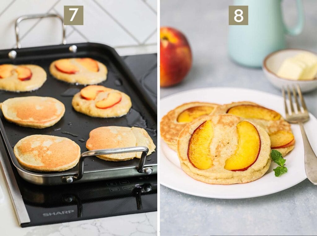 Step 7 shows flipping the pancakes when they are golden brown, and step 8 shows serving pancakes with toppings.