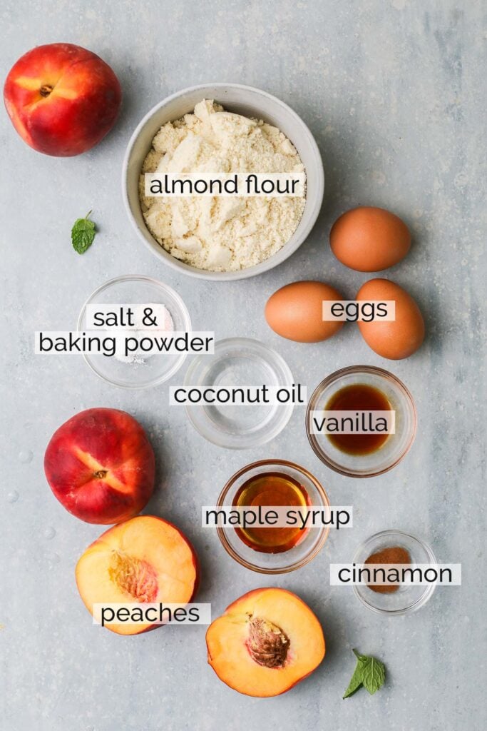 The ingredients needed to make healthy peach pancakes.