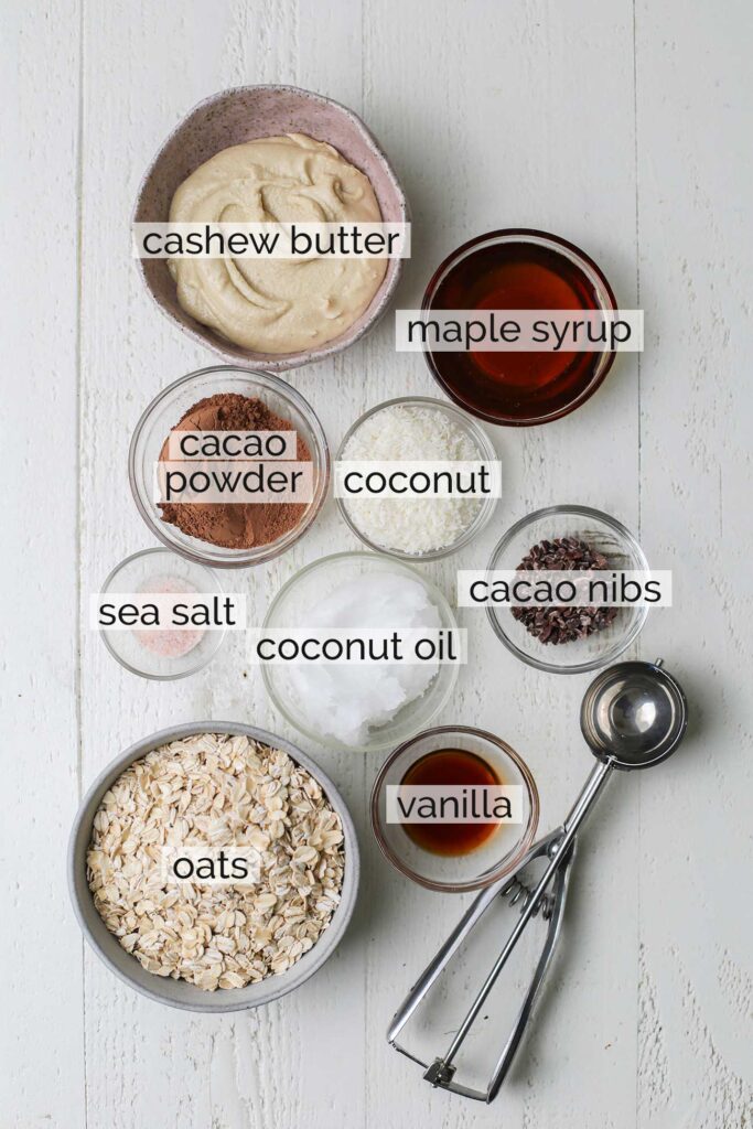 The ingredients needed to make healthy no bake oatmeal cookies shown labeled.