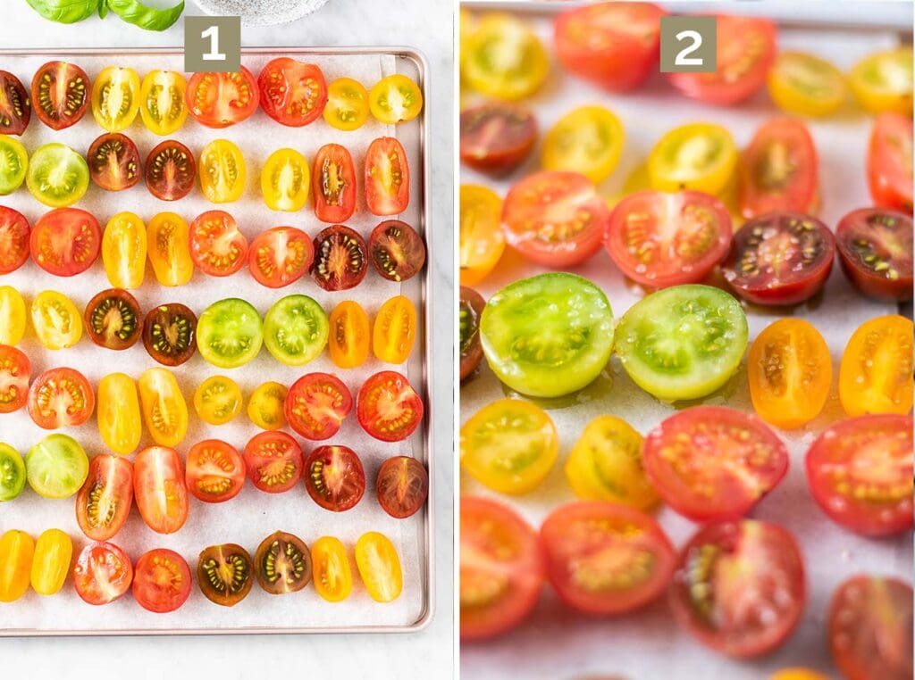 Showing how to prep the tomatoes to be baked.