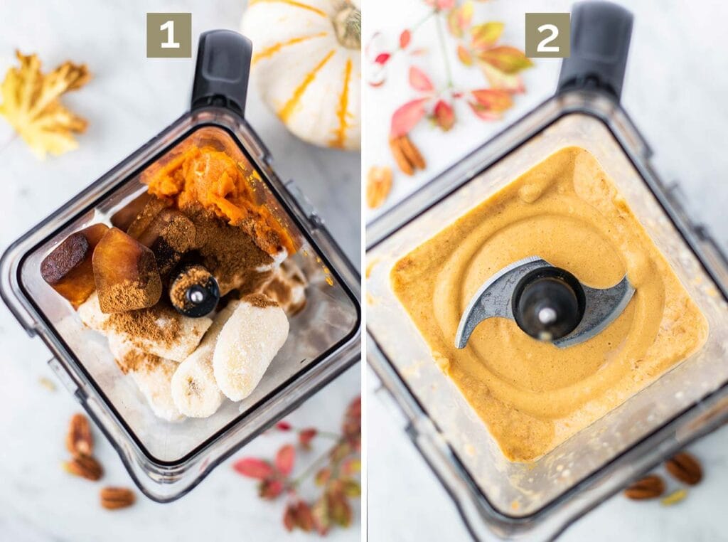 Step 1 shows adding the pumpkin coffee ingredients to a blender, and step 2 shows blending to a creamy consistency.