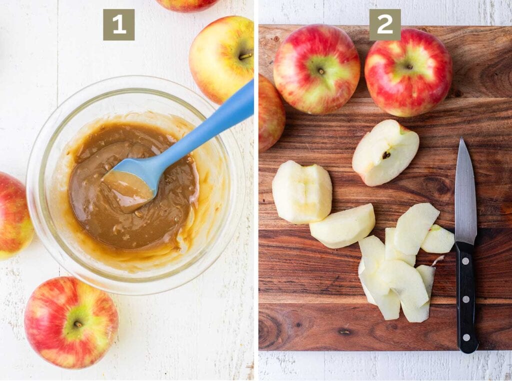 Step 1 shows making a SunButter caramel sauce, and step 2 shows thinly slicing apples.