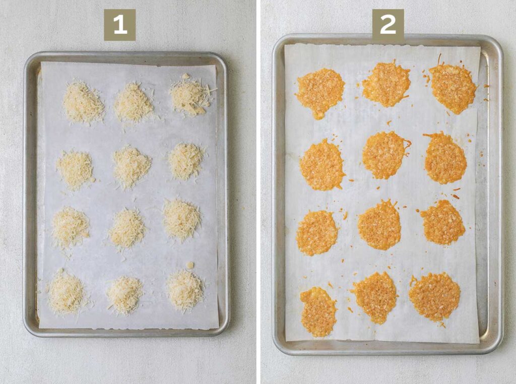 Step 1 shows placing tablespoons of parmesan cheese on a baking tray, and step 2 shows baking them until lightly browned.